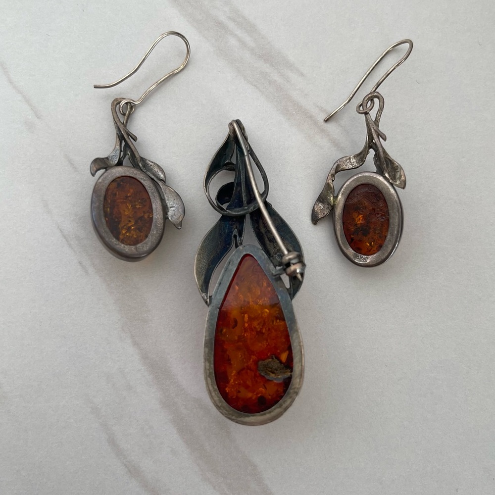 Vintage Sterling silver 925 Baltic Amber necklace pendant pin earrings brooch - Picture 2 of 16